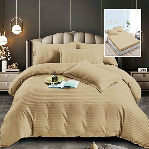 Lenjerie de pat dublu, damasc policoton, cearceaf cu elastic 180x200cm, 6 piese, cappucino, Pucioasa, IMP79 DMSP-6p-husa-180x200-CAPPUCINO-IMP79